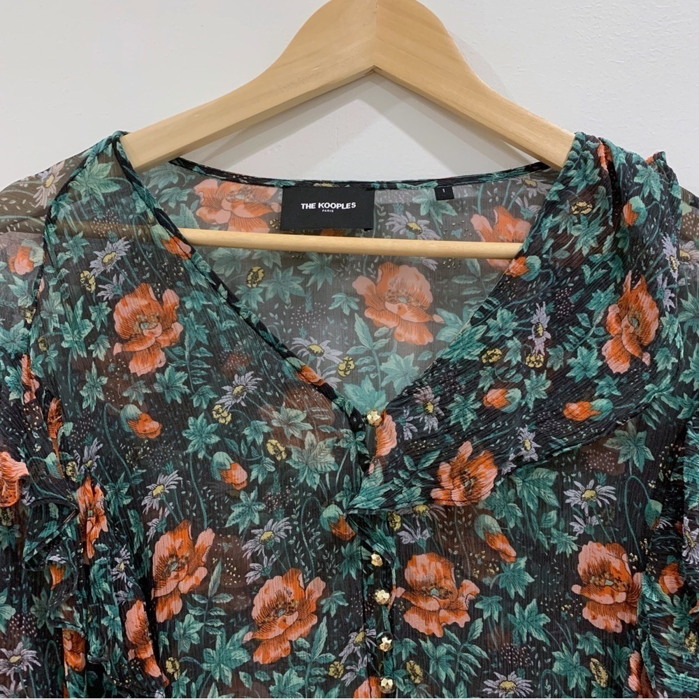 The Kooples Silk Floral Ruffle Blouse Sheer Poppy Field Print Romantic Top - Picture 7 of 12